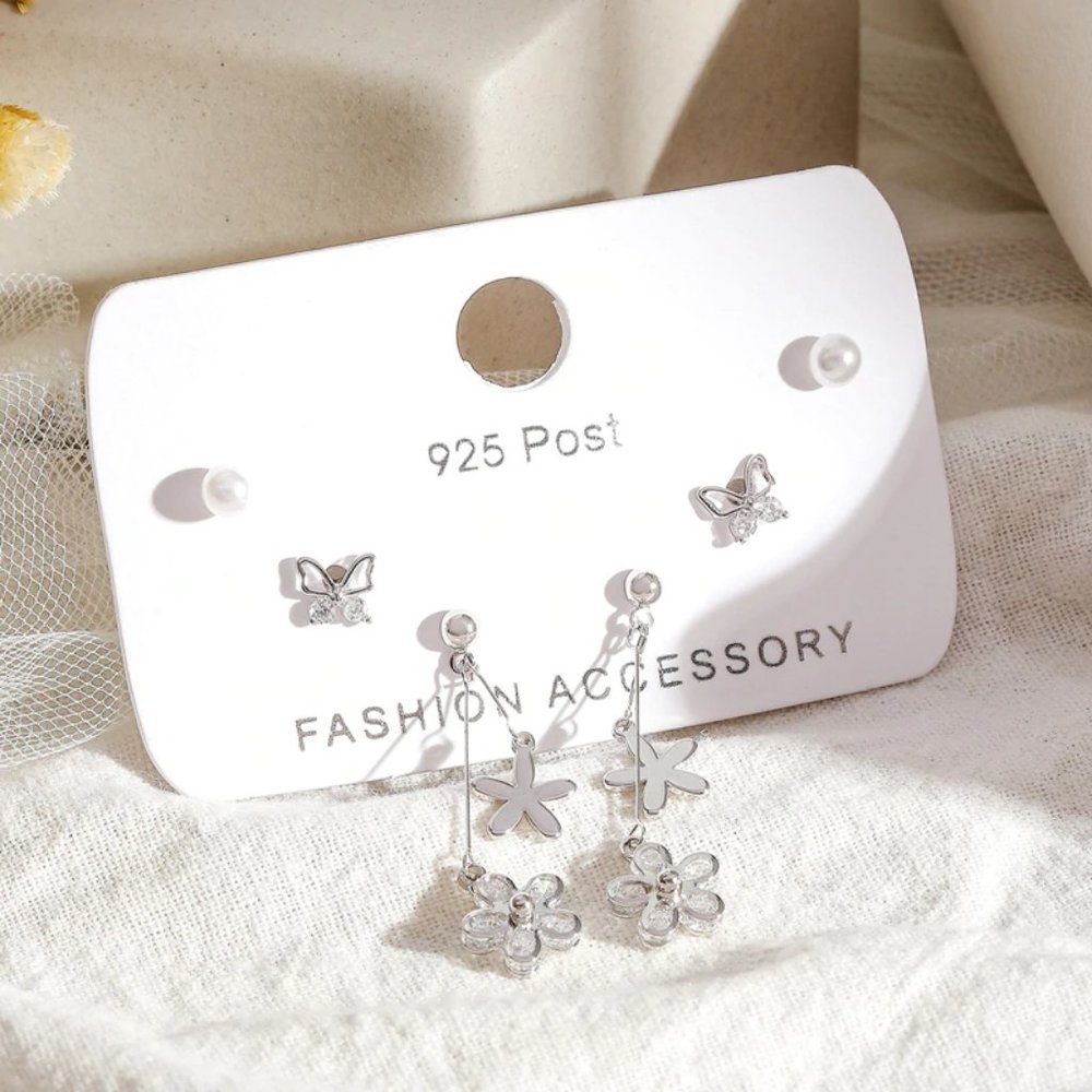 [3 Pairs] 925 Sterling Silver Flower Earrings Q - Picture 5 of 7